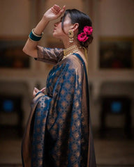 Elegant Navy Blue & Copper Banarasi Silk Saree with Rich Zari Weaving
