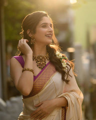 Ivory & Magenta Banarasi Silk Saree with Golden Zari Border