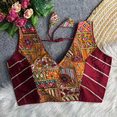Multicolour Patchwork Designer Blouse with Green Sleeves – Ethnic Wear for Saree