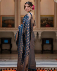 Elegant Navy Blue & Copper Banarasi Silk Saree with Rich Zari Weaving