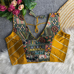 Multicolour Patchwork Designer Blouse with Green Sleeves – Ethnic Wear for Saree