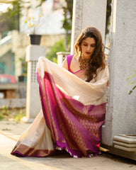 Ivory & Magenta Banarasi Silk Saree with Golden Zari Border