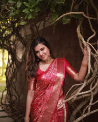 Bright Pink Banarasi Silk Saree with Golden Zari Weaving
