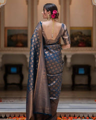 Elegant Navy Blue & Copper Banarasi Silk Saree with Rich Zari Weaving