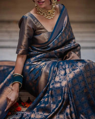 Elegant Navy Blue & Copper Banarasi Silk Saree with Rich Zari Weaving