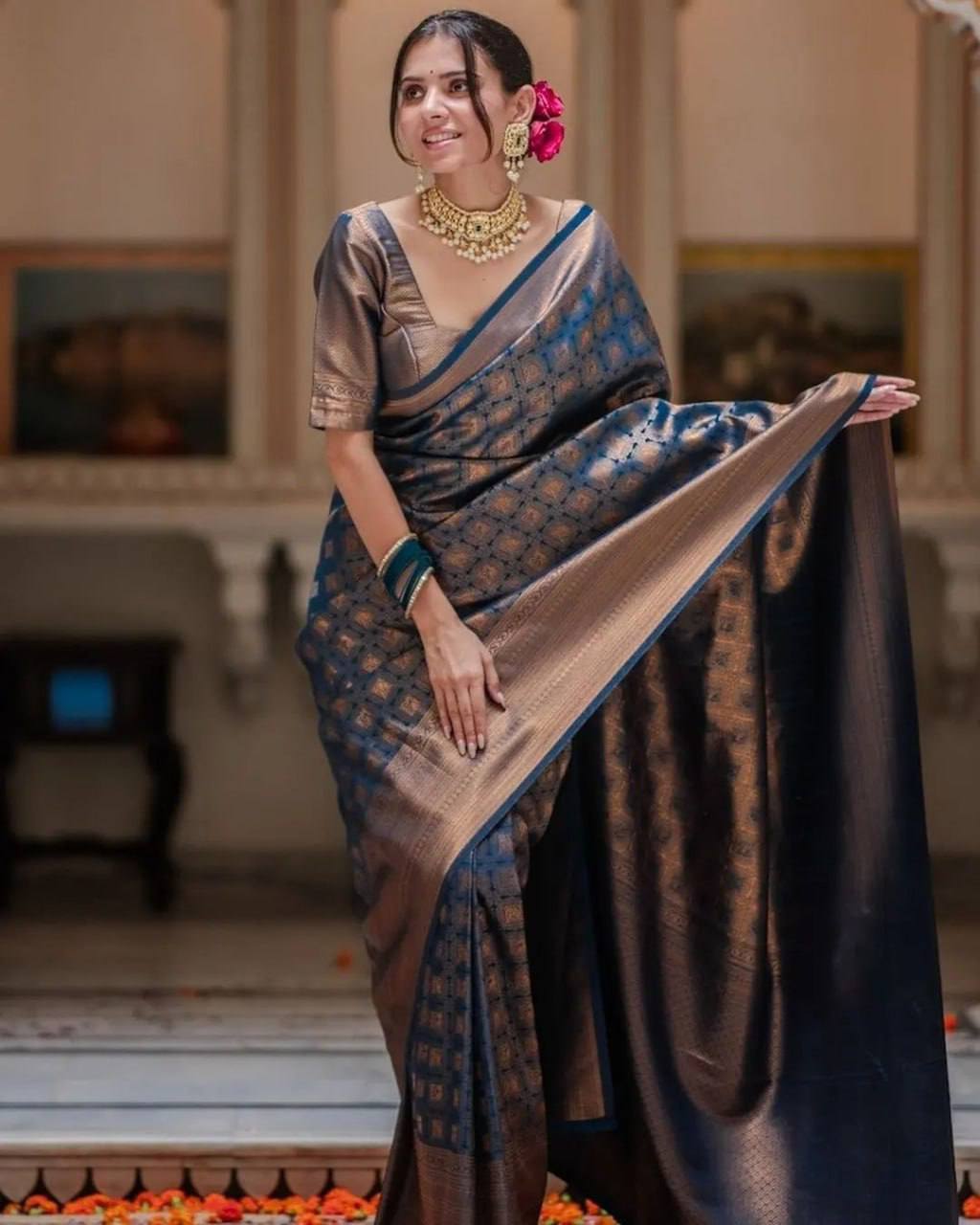 Elegant Navy Blue & Copper Banarasi Silk Saree with Rich Zari Weaving