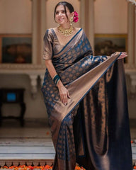 Elegant Navy Blue & Copper Banarasi Silk Saree with Rich Zari Weaving