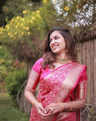 Bright Pink Banarasi Silk Saree with Golden Zari Weaving