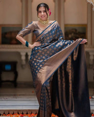 Elegant Navy Blue & Copper Banarasi Silk Saree with Rich Zari Weaving
