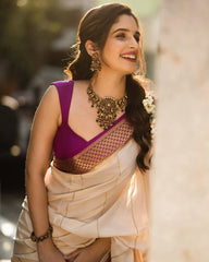 Ivory & Magenta Banarasi Silk Saree with Golden Zari Border
