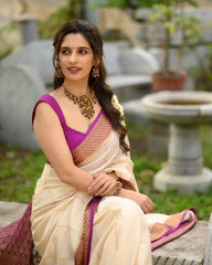 Ivory & Magenta Banarasi Silk Saree with Golden Zari Border