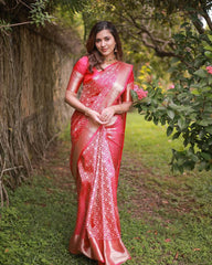 Bright Pink Banarasi Silk Saree with Golden Zari Weaving
