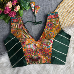 Multicolour Patchwork Designer Blouse with Green Sleeves – Ethnic Wear for Saree